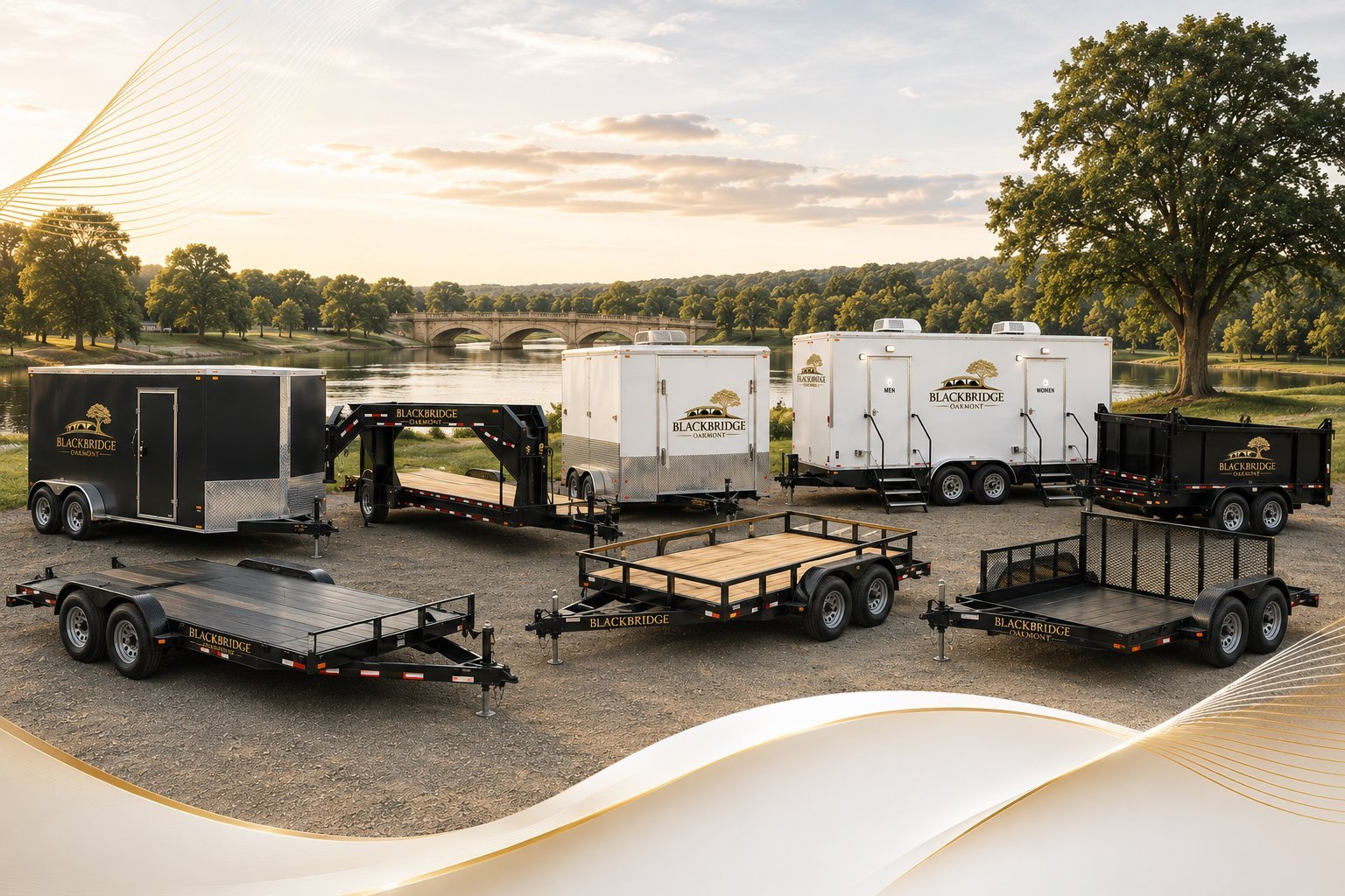 Collection of horse trailers and utility trailers displayed in a field with trees and river landscape in background